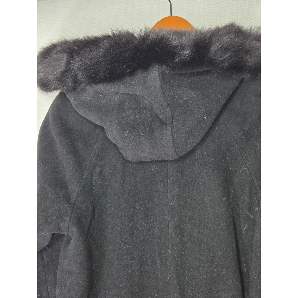 Martoni Black Wool Cashmere‎ Blend Hooded Fur Trim Long Overcoat Coat Size 10 - Picture 5 of 11